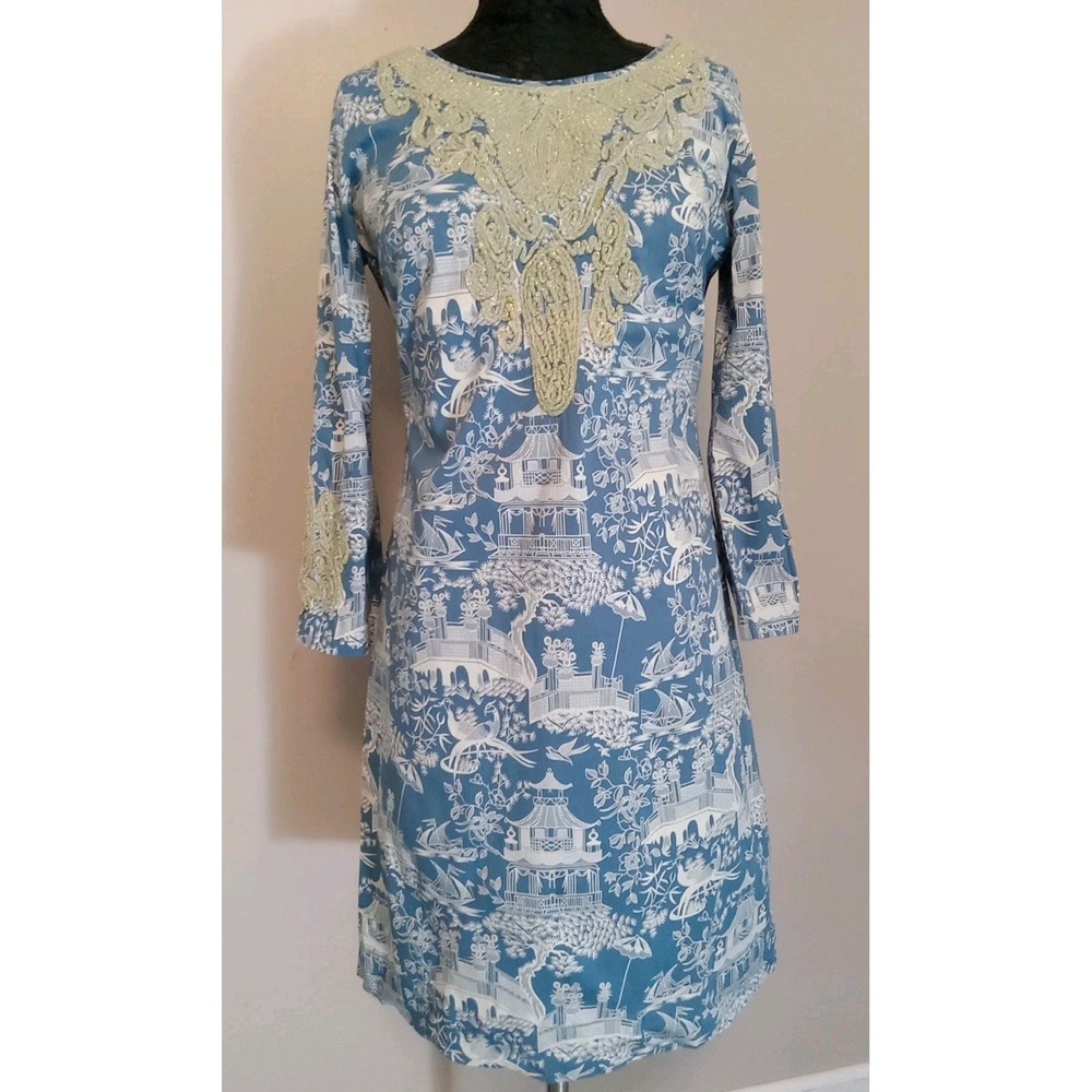 Almatrichi Madrid Spain Pattern Blue Gold Embroidered Print Dress Size 44 (12)